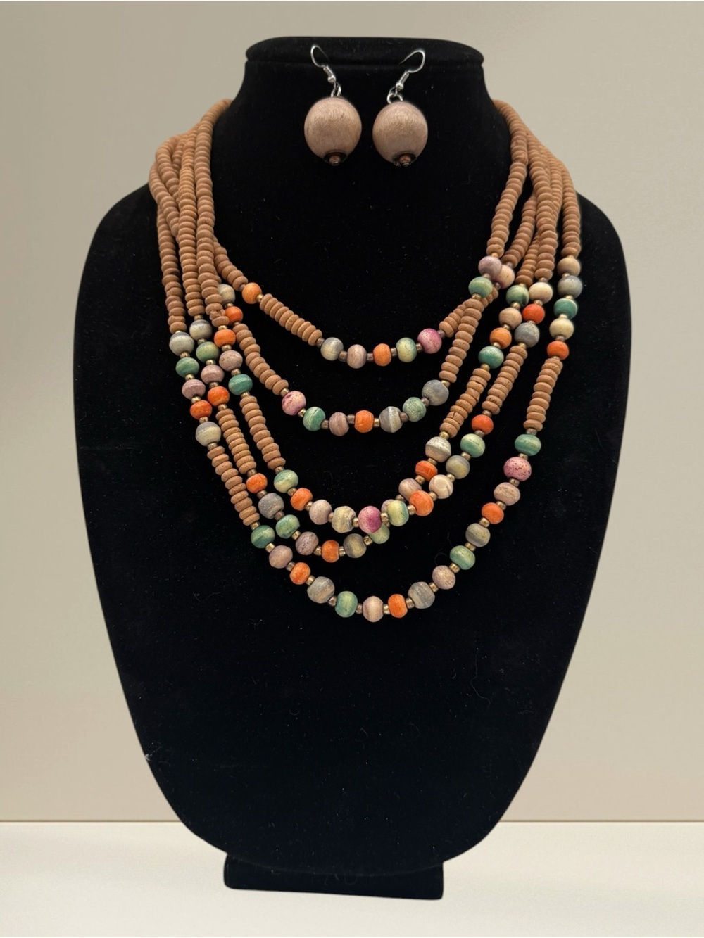 Vintage Boho Coco Bead Five-Strand Necklace w/ Dyed Bone & Wood Earrings